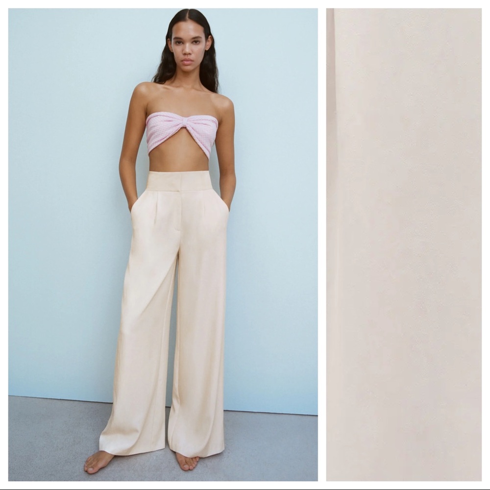 NWT. Zara Cream Full Length High-waist Wide-leg Trousers. Size M.